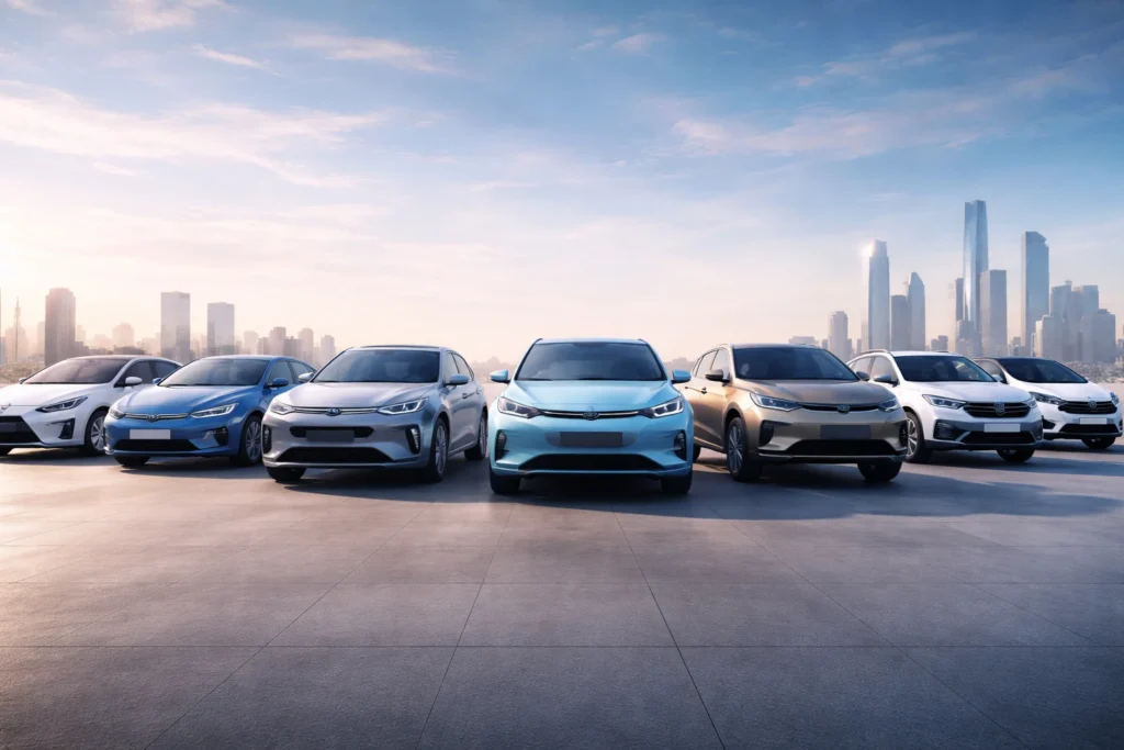 Voitures électriques chinoises alignées à Paris avec la tour Eiffel en arrière-plan (comparatif 2026)