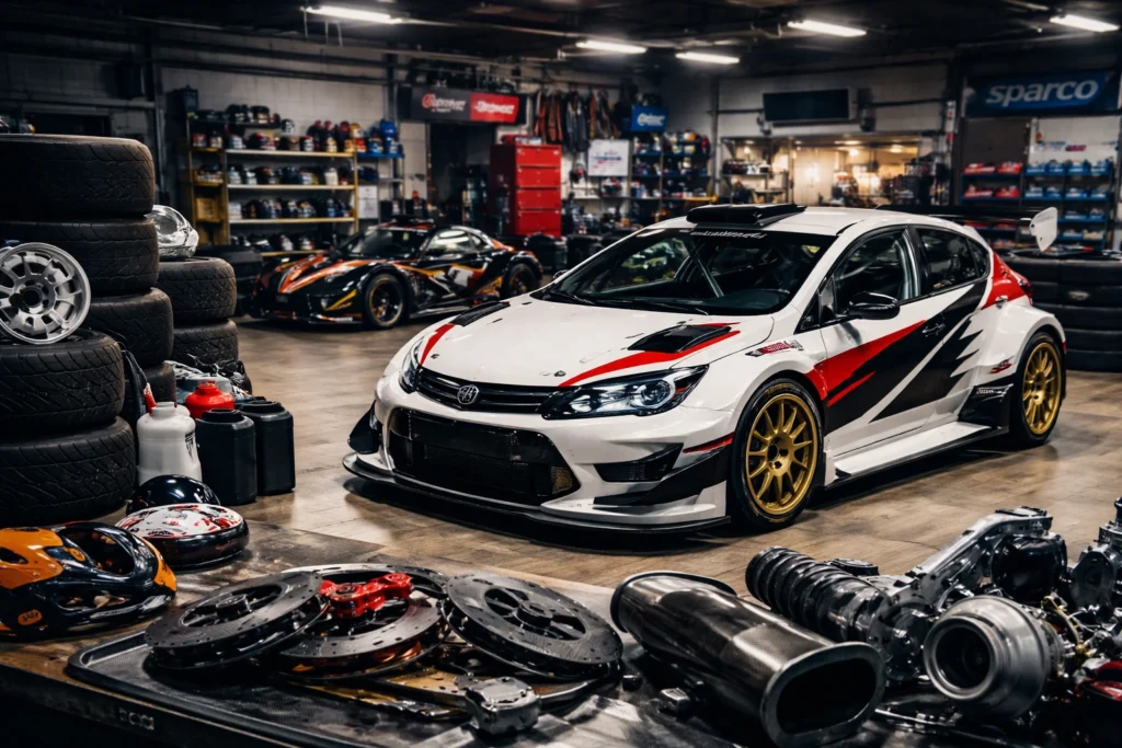 Voiture de course dans un garage de sport automobile avec pièces de compétition