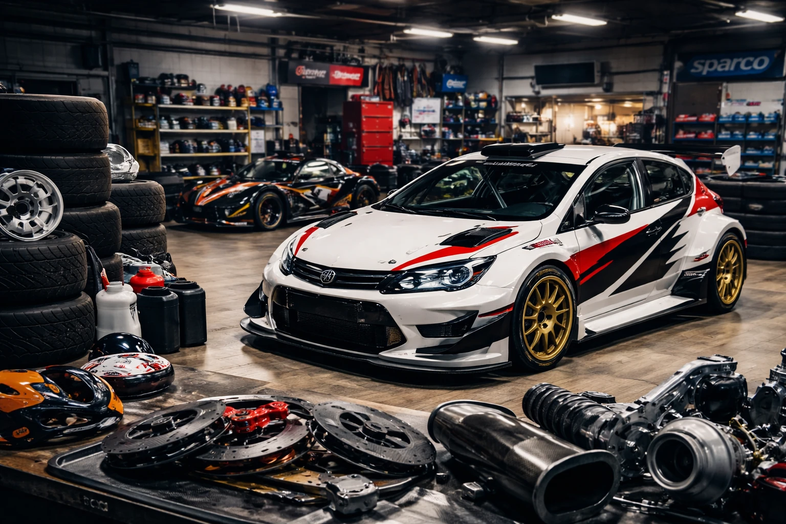 Voiture de course dans un garage de sport automobile avec pièces de compétition