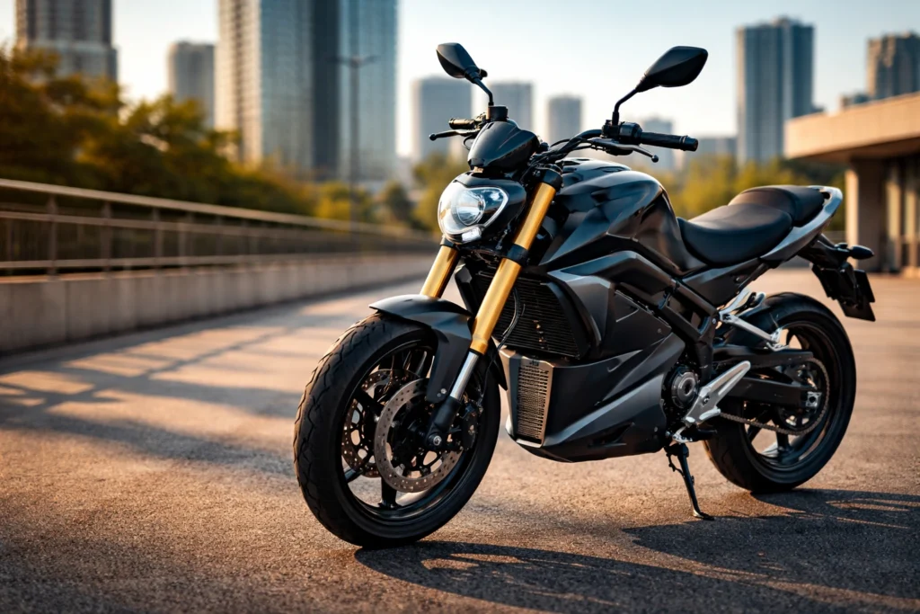 Moto 125 électrique noire stationnée en ville, idéale pour les déplacements urbains et périurbains.