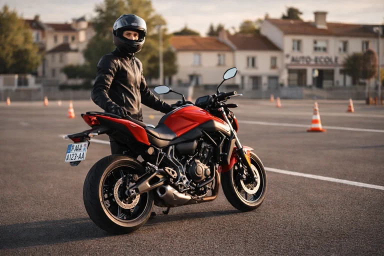 Motard équipé casque et blouson sur moto A2 35kW lors formation permis moto auto-école