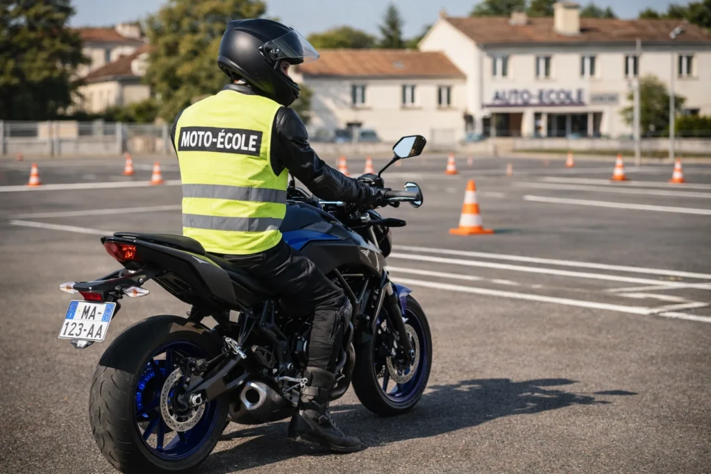 Élève en formation permis A2 sur Yamaha MT-07 avec gilet auto-école obligatoire lors de l'apprentissage plateau.