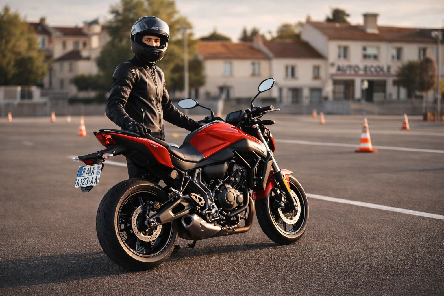 Motard équipé casque et blouson sur moto A2 35kW lors formation permis moto auto-école
