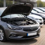 Opel d’occasion capot ouvert dans un parc automobile