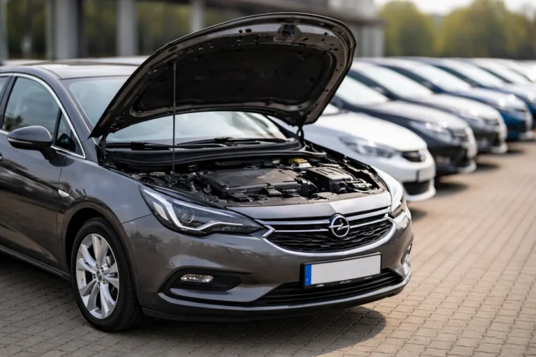 Opel d’occasion capot ouvert dans un parc automobile