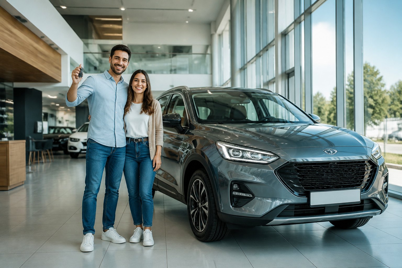 Acheter une voiture sans apport : est-ce possible ? 2 Jeune couple heureux avec sa nouvelle voiture