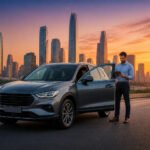 Suv moderne au coucher du soleil urbain
