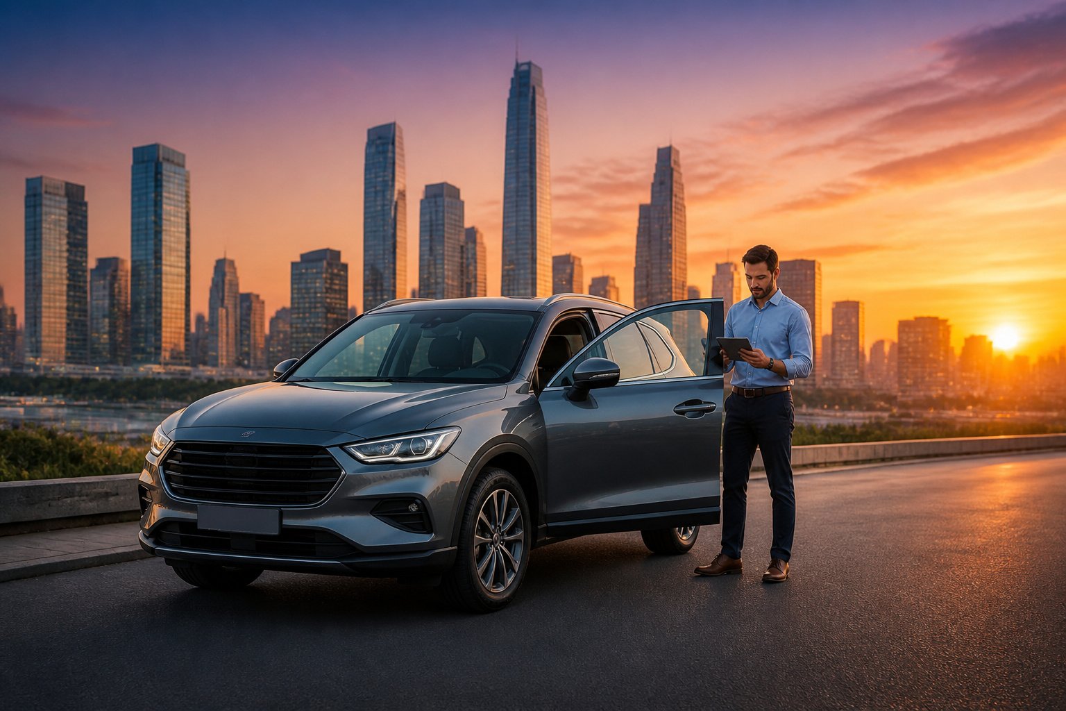Location voiture moyenne : le choix idéal sans engagement 1 Suv moderne au coucher du soleil urbain
