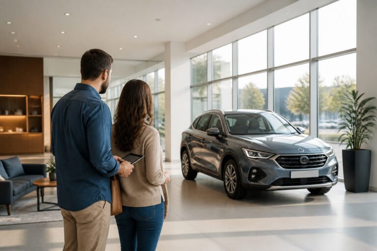 Couple admirant une nouvelle voiture