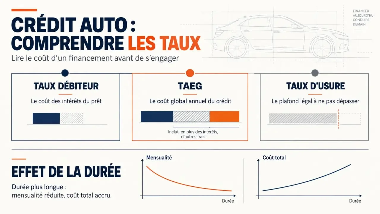 Crédit auto : un point de taux peut coûter près de 1 000 € 1 Infographie sur le crédit auto intérêt, le taux débiteur, le TAEG et le taux d’usure
