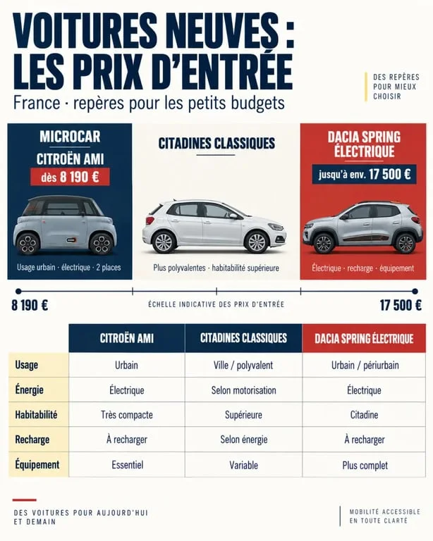 La Dacia Sandero reste une référence des voitures neuves les moins chères, mais le prix affiché ne dit pas tout 1 Infographie des voiture neuve les moins chères et de leurs prix d'entrée en France