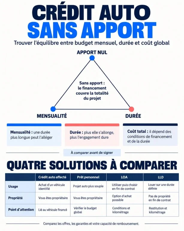Crédit auto sans apport : mensualité allégée ou coût total qui grimpe ? 1 Infographie sur le crédit auto sans apport et la comparaison des solutions de financement