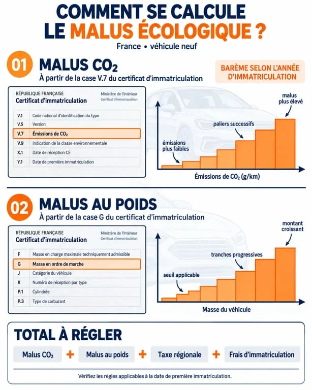 Calcul du malus écologique : la case G, et non G.1, peut alourdir la facture 1 Infographie sur le calcul malus écologique selon les émissions de CO₂ et la masse du véhicule