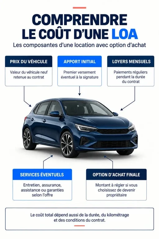 Infographie sur le coût d'un simulateur LOA Peugeot avec apport, loyers et option d'achat