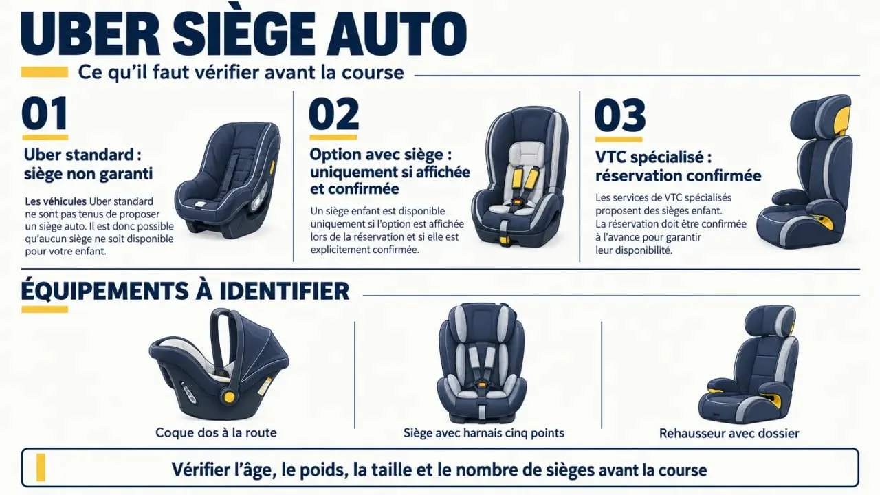 Uber avec siège auto : vérifiez l’option avant de monter à bord 1 Infographie Uber siège auto : options de transport et types de sièges enfant